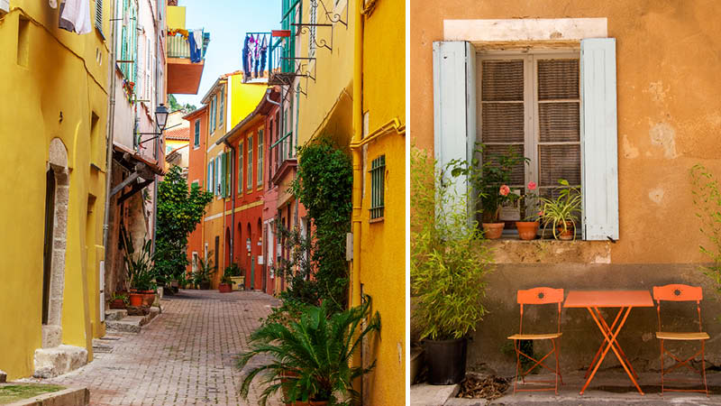 Färgglada fasader och växter i gamla stan i Nice på en resa till Provence.
